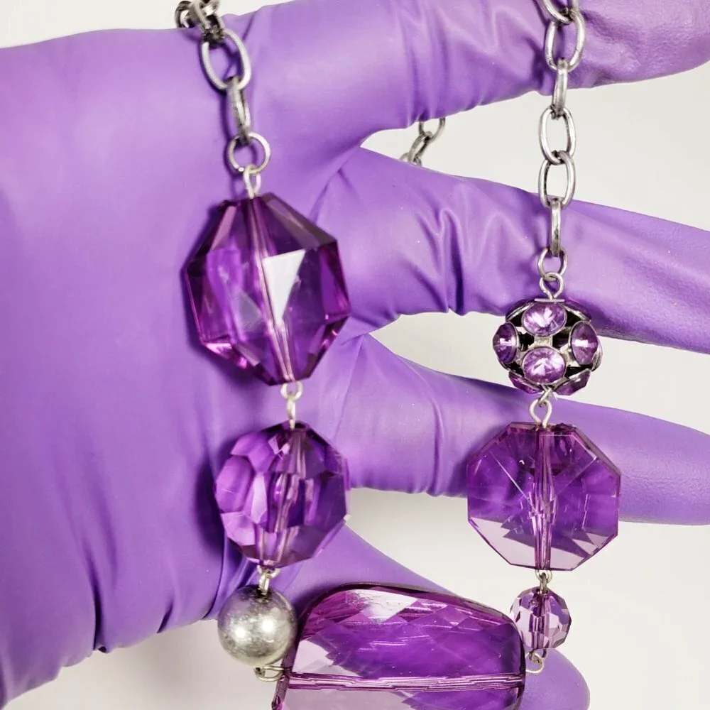 Women's Stunning Silver-tone & Purple Beaded Necklace - Matching Drop Earrings